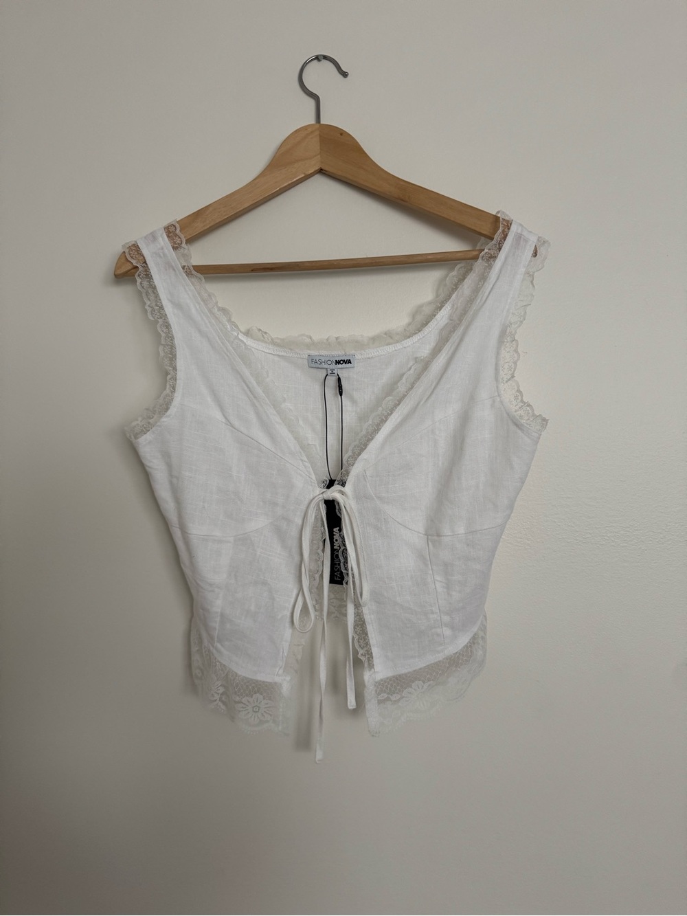 Fashion Nova White Lace-Trim Tie-Front Tank